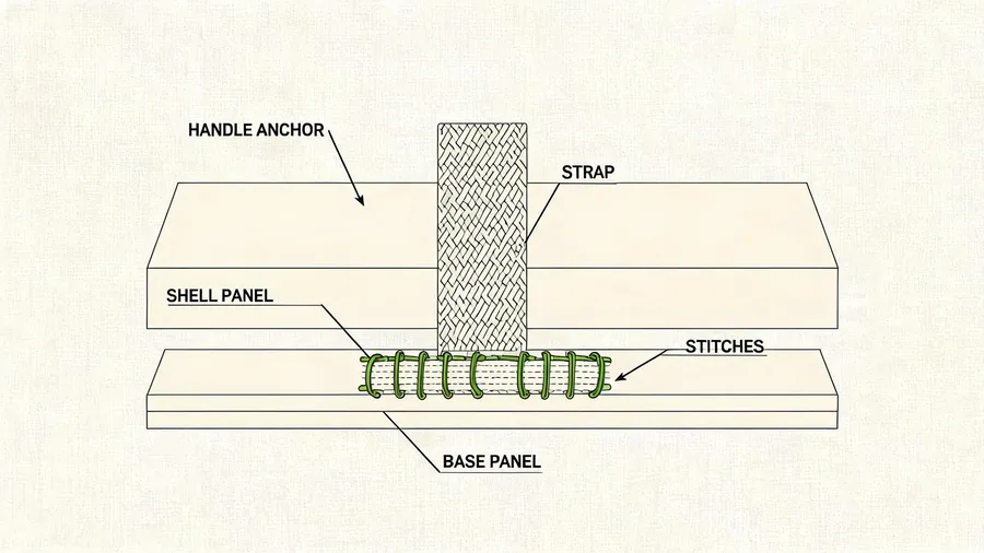 Diagram of reinforced beach bag handle anchor and seam construction