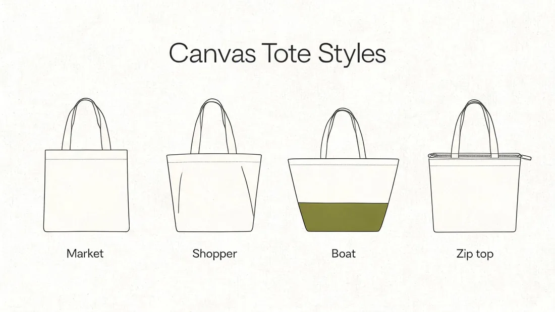 Canvas tote bag styles: market, shopper, boat and zip-top