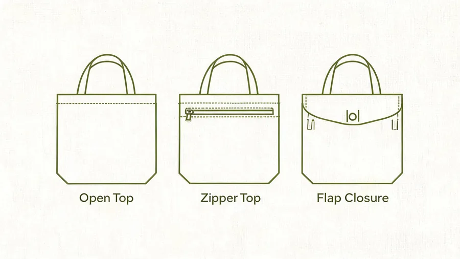 Diagram comparing open top, zip and hook and loop closures on canvas tote bags