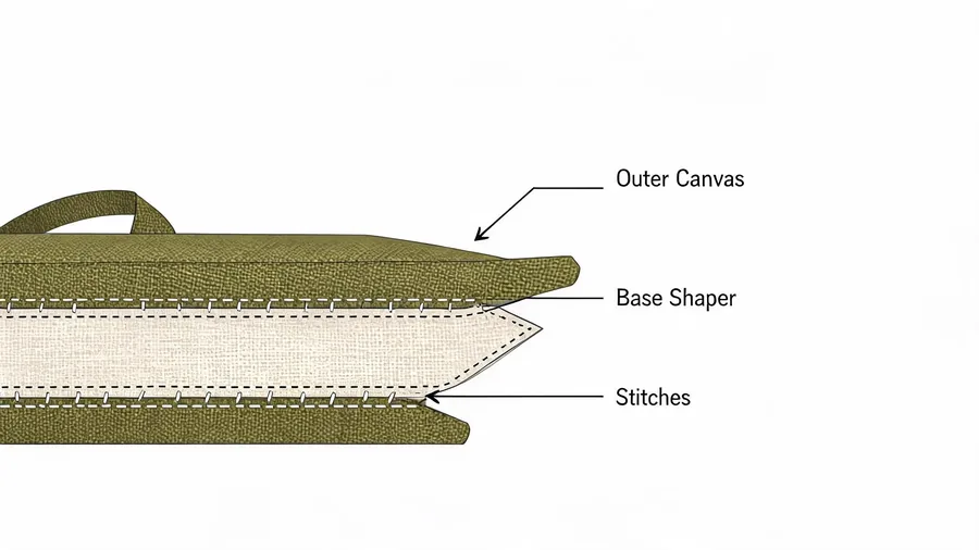 Cross-section diagram of canvas tote bag bottom reinforcement and base shaper