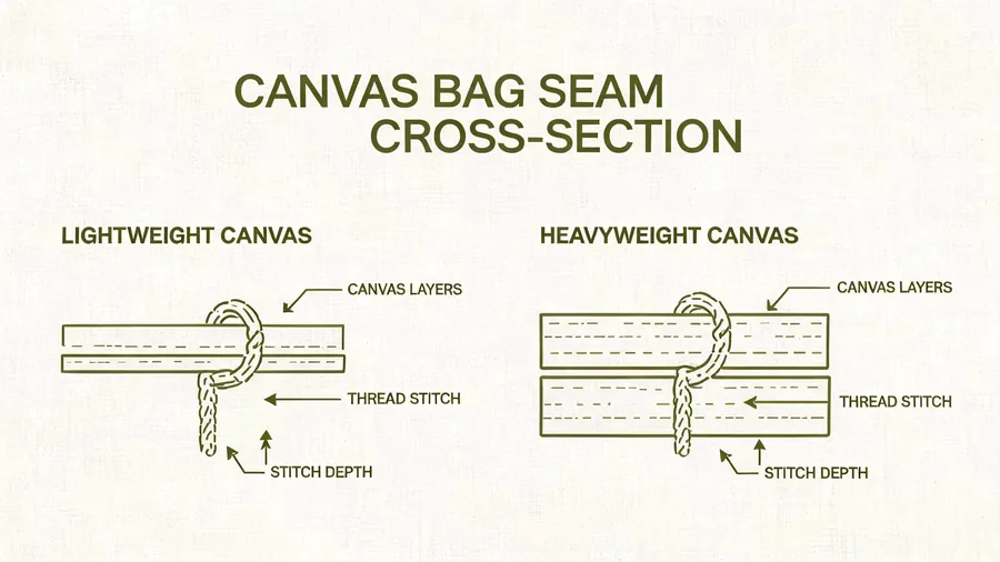 Cross-section diagram comparing seam construction in lightweight and heavyweight canvas