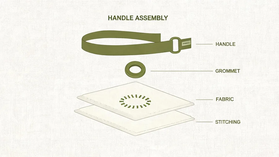 Exploded view of custom boat tote handle and grommet construction