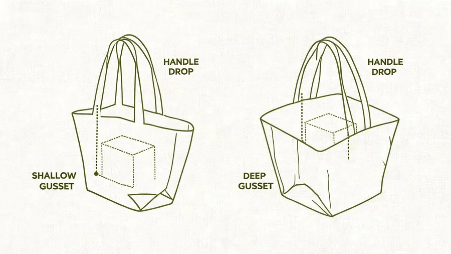Diagram of custom reusable grocery bags showing gusset and handle drop