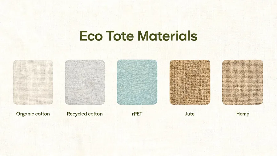 Eco-friendly tote bag materials: organic cotton, recycled cotton, rPET, jute and hemp