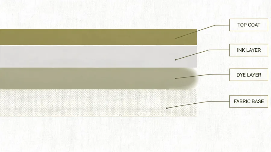 Diagram of ink, dye, and finish layers on eco friendly tote bags fabric