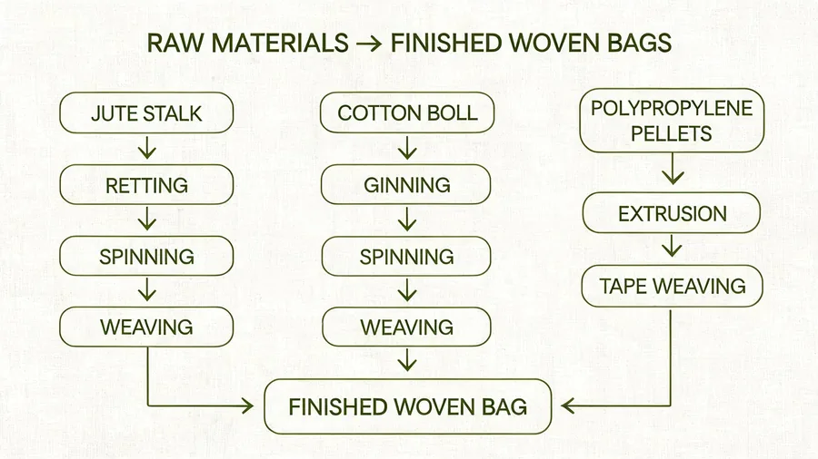 Process flow comparing how jute, cotton and PP woven bag materials are made