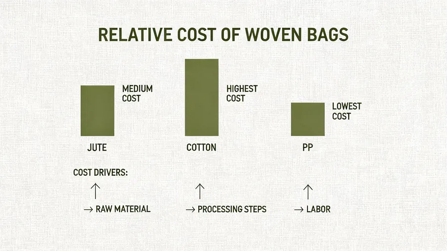 Relative cost position comparison of jute, cotton and PP woven bag materials