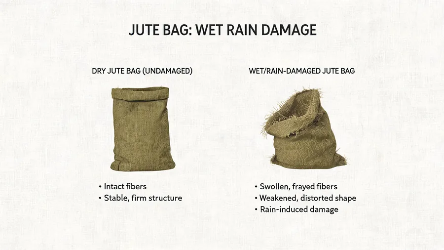 Jute bag showing moisture damage and aging after exposure to rain
