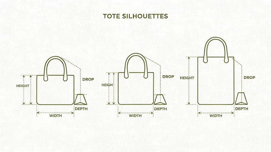 Mini tote bag size ranges diagram showing height, width, depth and handle drop