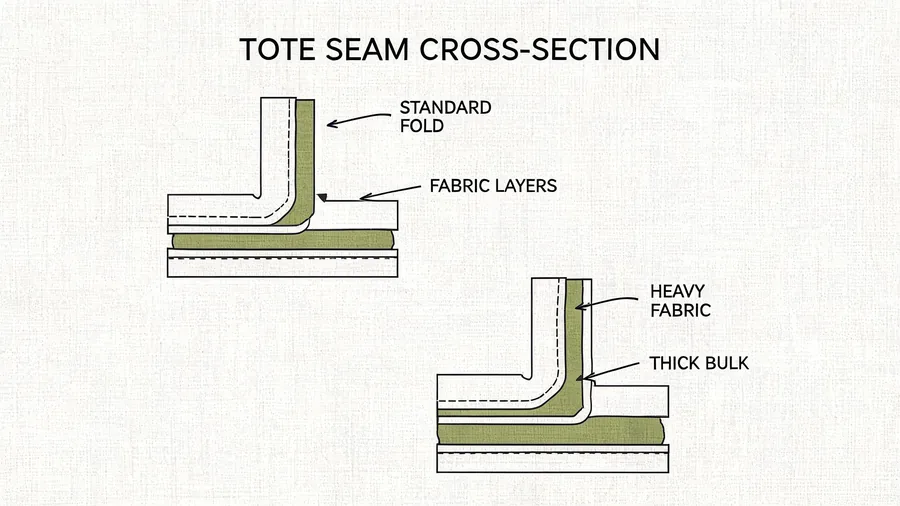 Cross-section diagram of mini tote fabric weight and seam structure