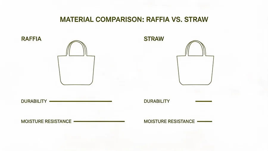 Diagram comparing durability and moisture resistance of raffia and straw bags