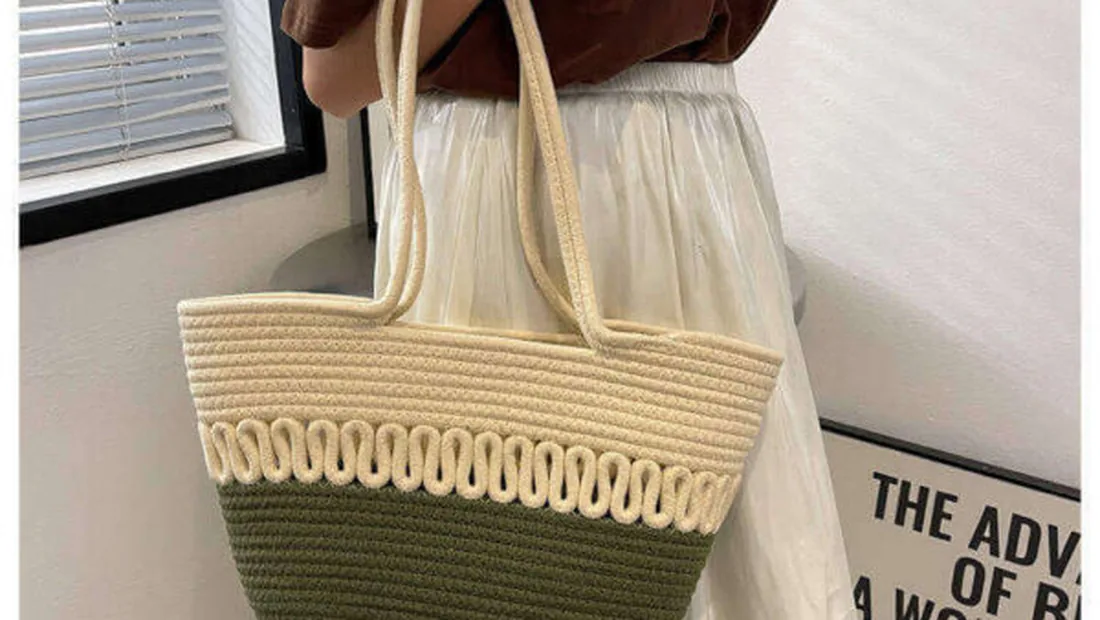 Natural woven straw tote bag showing tight rattan weave