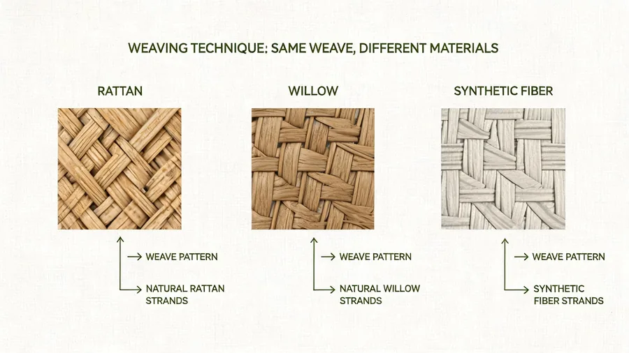 Diagram showing wicker weaving technique applied to rattan, willow, and synthetic fiber materials