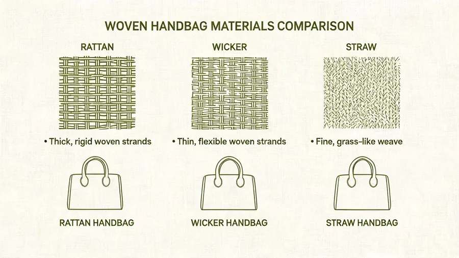 Assortment of woven handbags in rattan, wicker, and straw materials