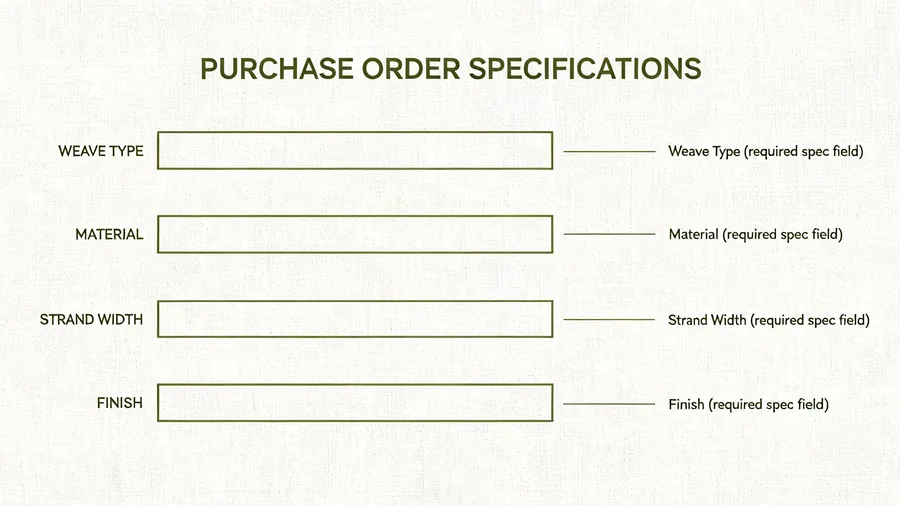 Diagram of a purchase order form highlighting woven bag specification fields
