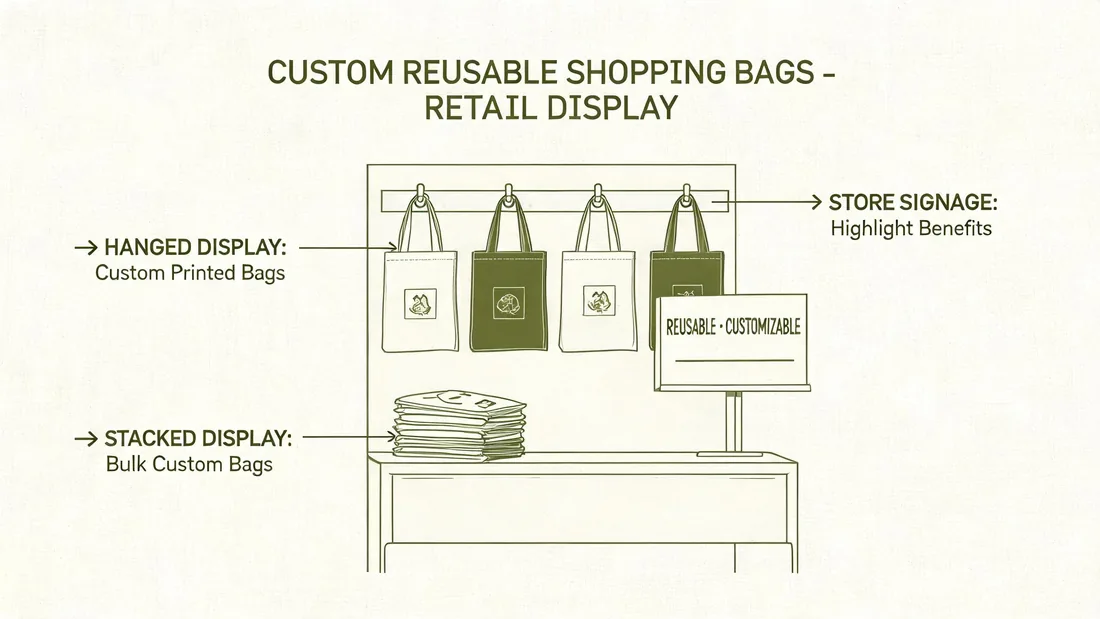 Custom reusable shopping bags displayed in a retail store