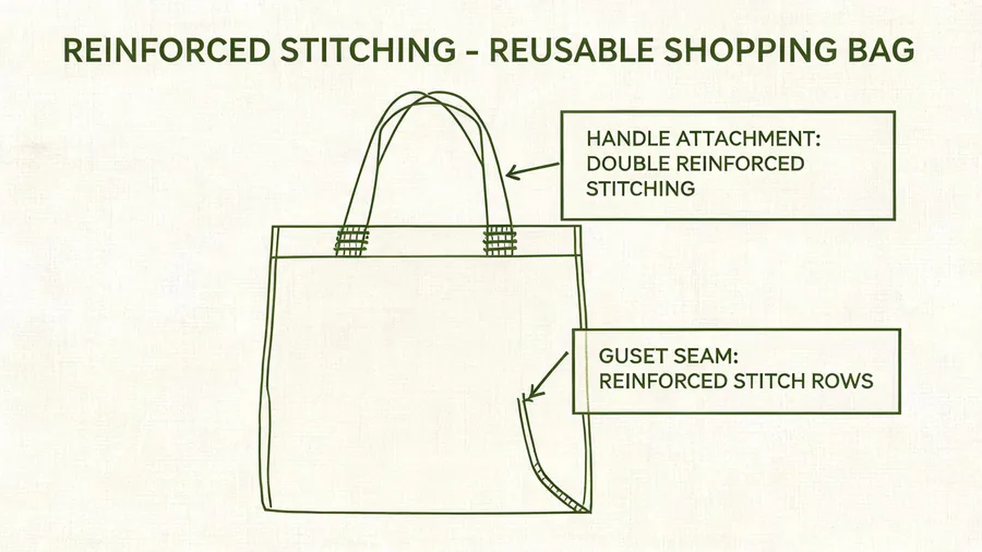 Diagram of reinforced handle and gusset stitching on a reusable shopping bag