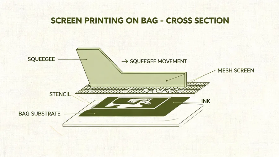 Diagram of screen printing process on a bag showing squeegee, screen, and ink transfer
