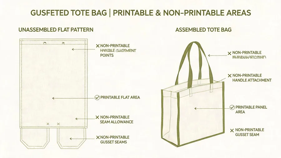 Diagram of tote bag construction showing print area limits from seams and gussets