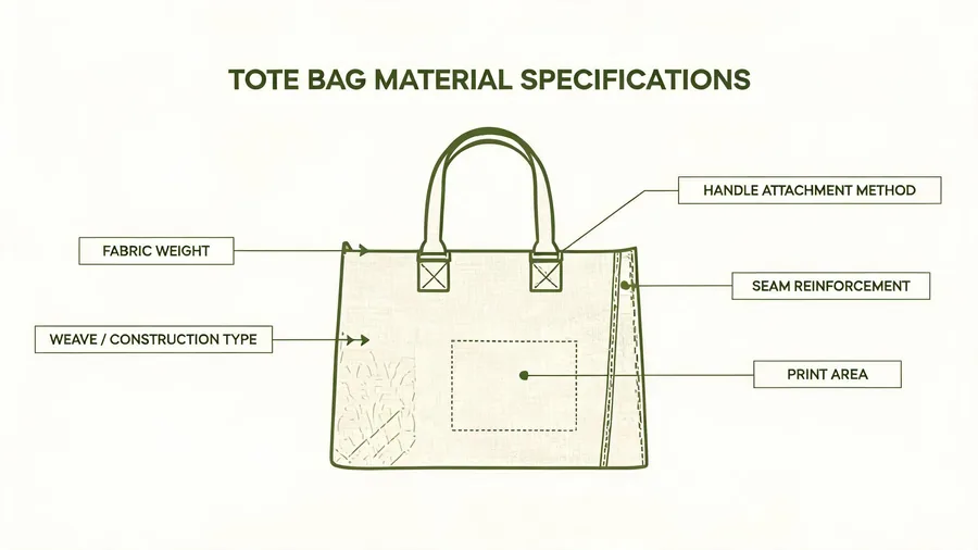Diagram showing material specification fields to lock down with a tote bag manufacturer