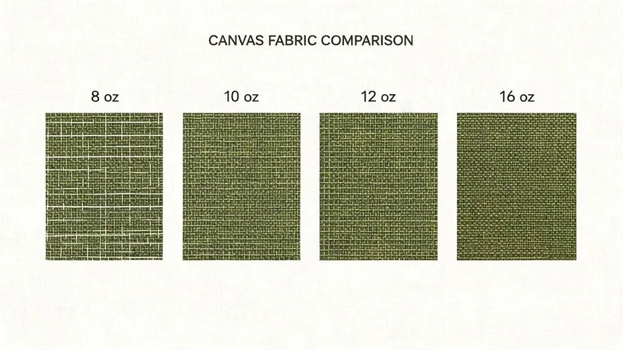 Diagram comparing 8 oz, 10 oz, 12 oz, and 16 oz canvas fabric weights