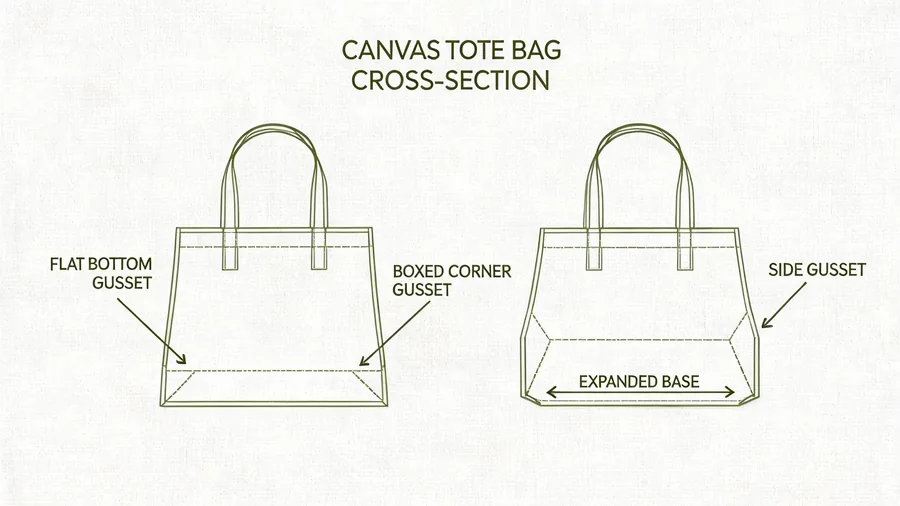 Diagram of canvas bag gusset and base construction types