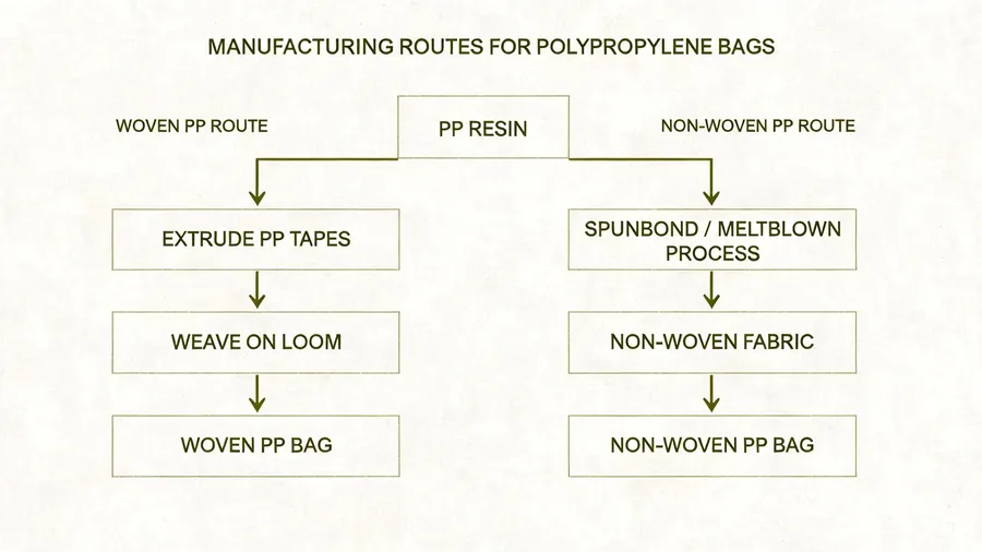 Process flow diagram comparing woven and non-woven polypropylene bag manufacturing