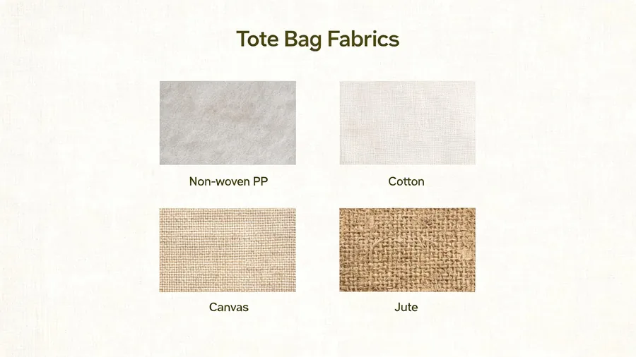 Wholesale tote bag fabric swatches: non-woven PP, cotton, canvas and jute