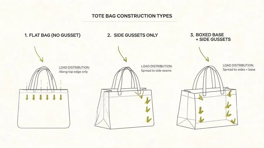 Diagram of tote bag gusset and base constructions for load support