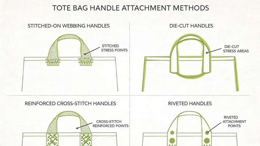 Diagram comparing tote bag handle attachment methods and stress points
